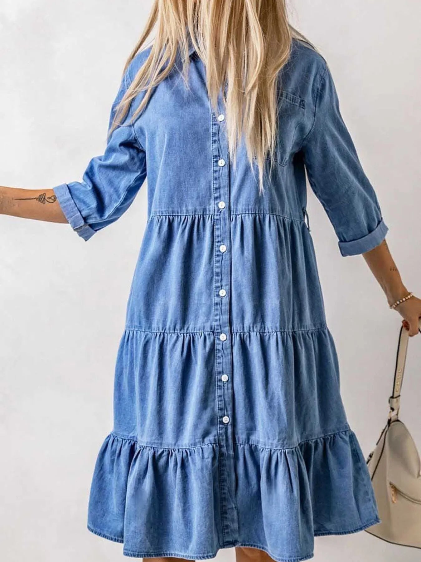 Hazel Blues® | Ruffled Hem Button Up Denim Midi Dress