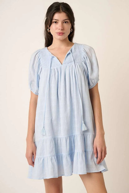 Hazel Blues® |  Mittoshop Tassel Tie Plaid Gauze Short Sleeve Mini Dress