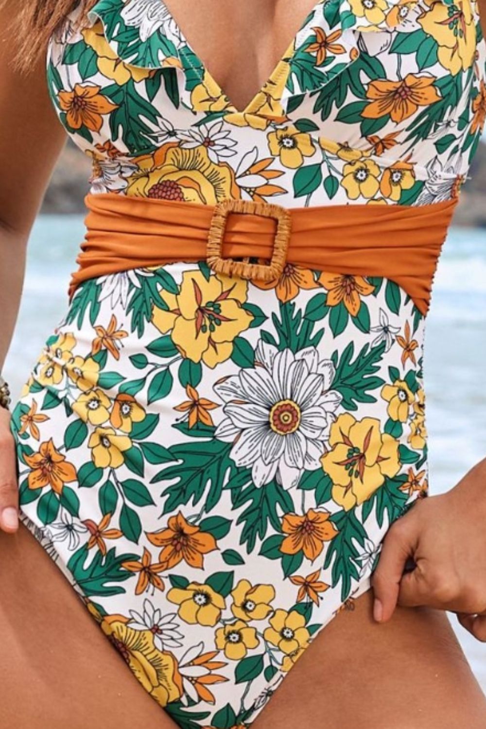 Hazel Blues® | Ruffled Plunge Floral One-Piece Swimwear