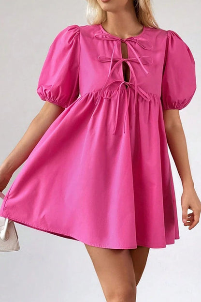 Hazel Blues® |  Puff Sleeve Tie Front High Waist Mini Dress
