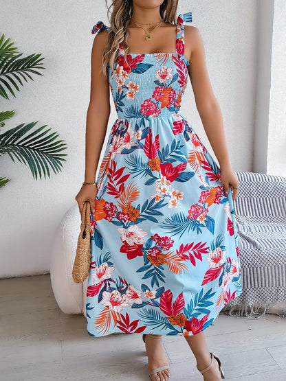 Hazel Blues® |  Smocked Floral Tie Shoulder Midi Dress