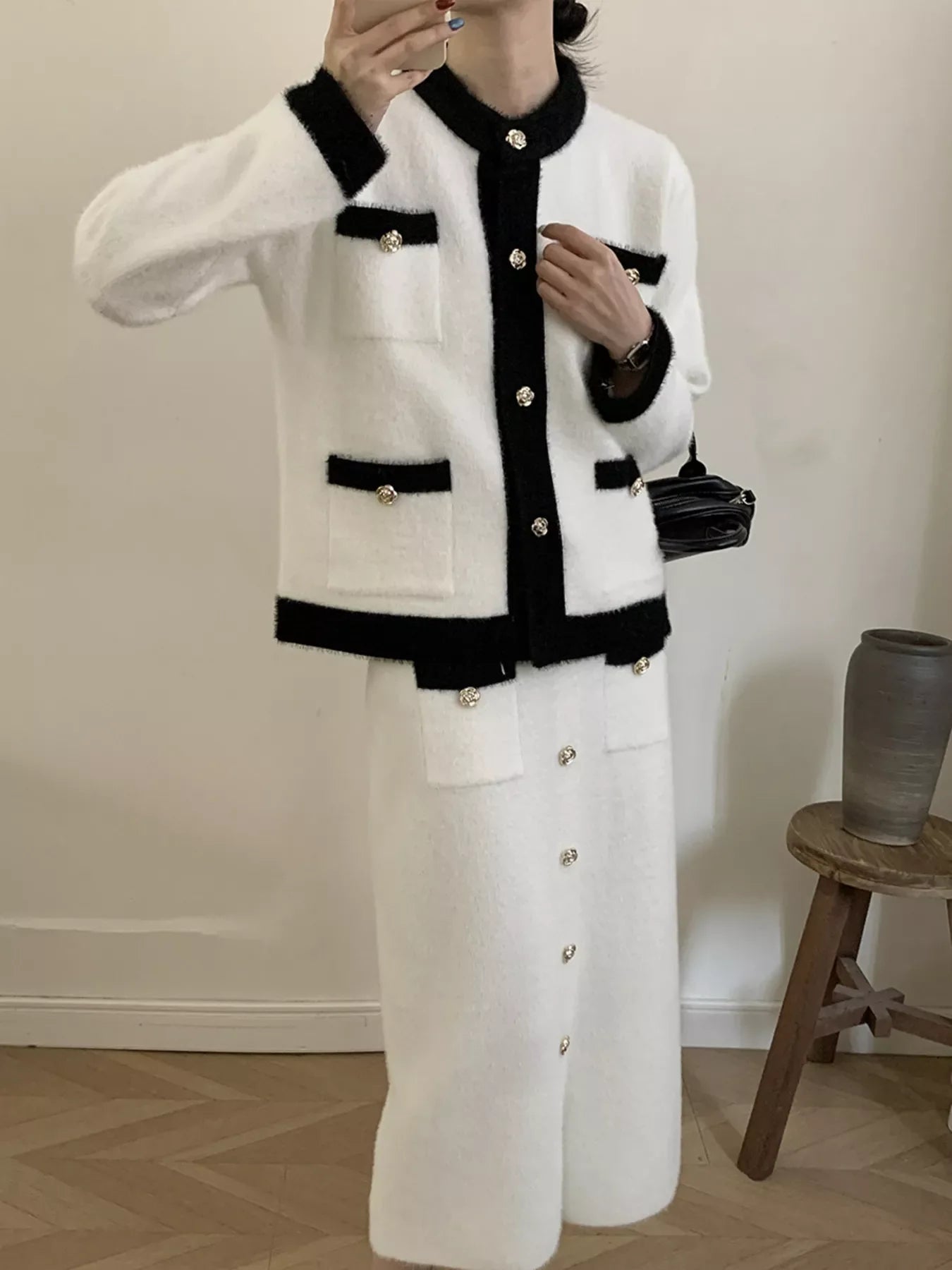 Hazel Blues® |  Contrast Trim Jacket and Skirts Sweater Set