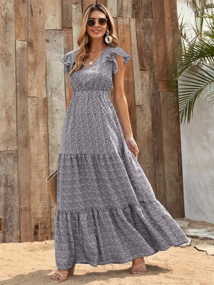 Hazel Blues® |  Printed V-Neck Ruffled Cap Sleeve Maxi Dress