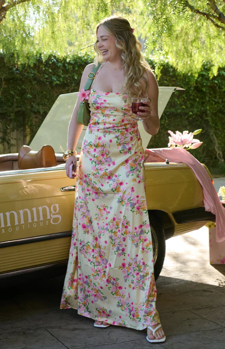 Blaise Yellow Bloom Satin Maxi Dress