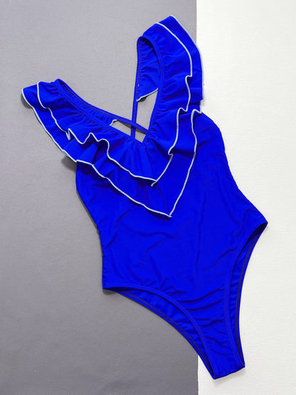 Hazel Blues® | Ruffled Crisscross Backless One-Piece Swimsuit