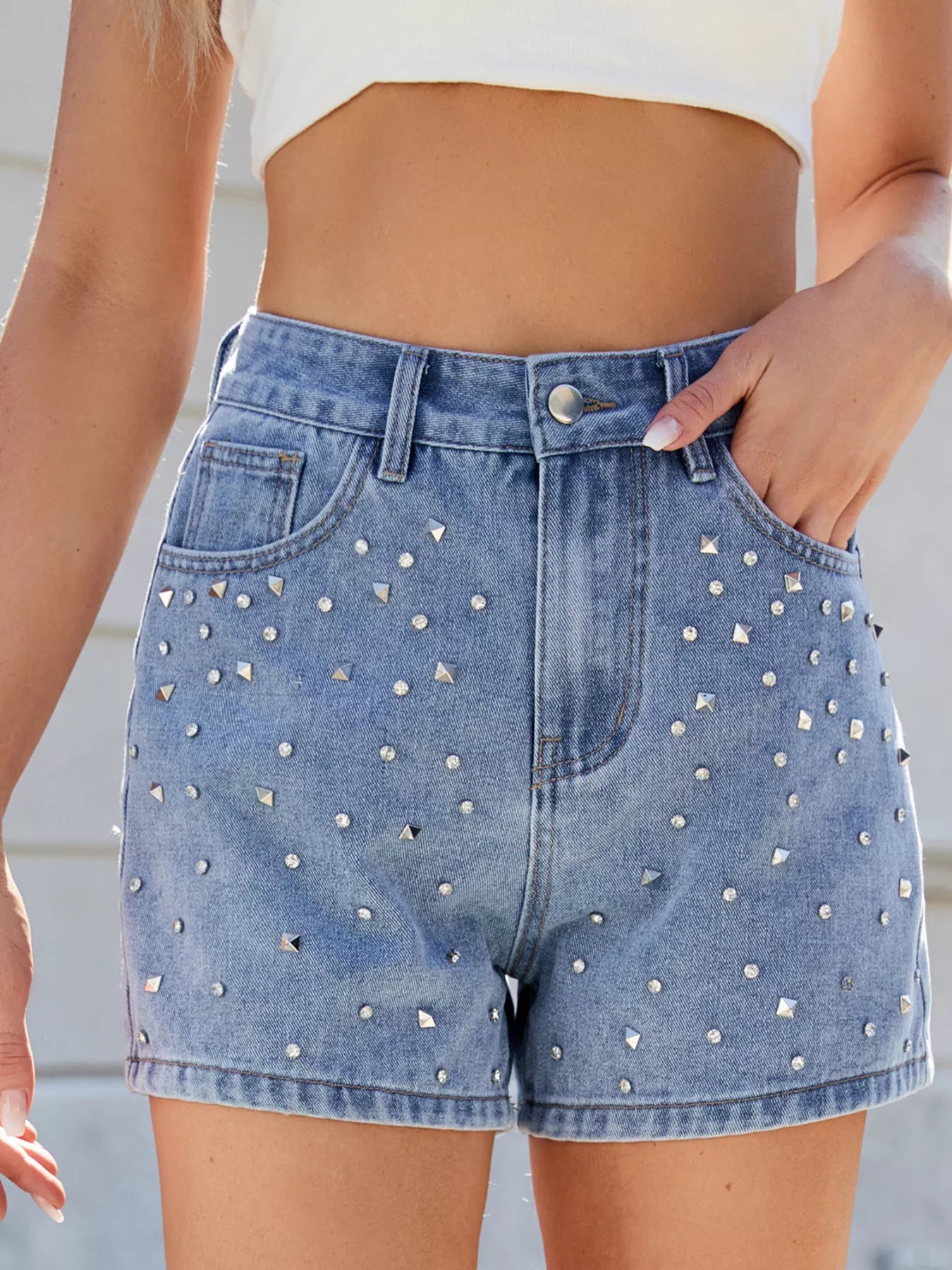 Hazel Blues® |  Studded High Waist Denim Shorts