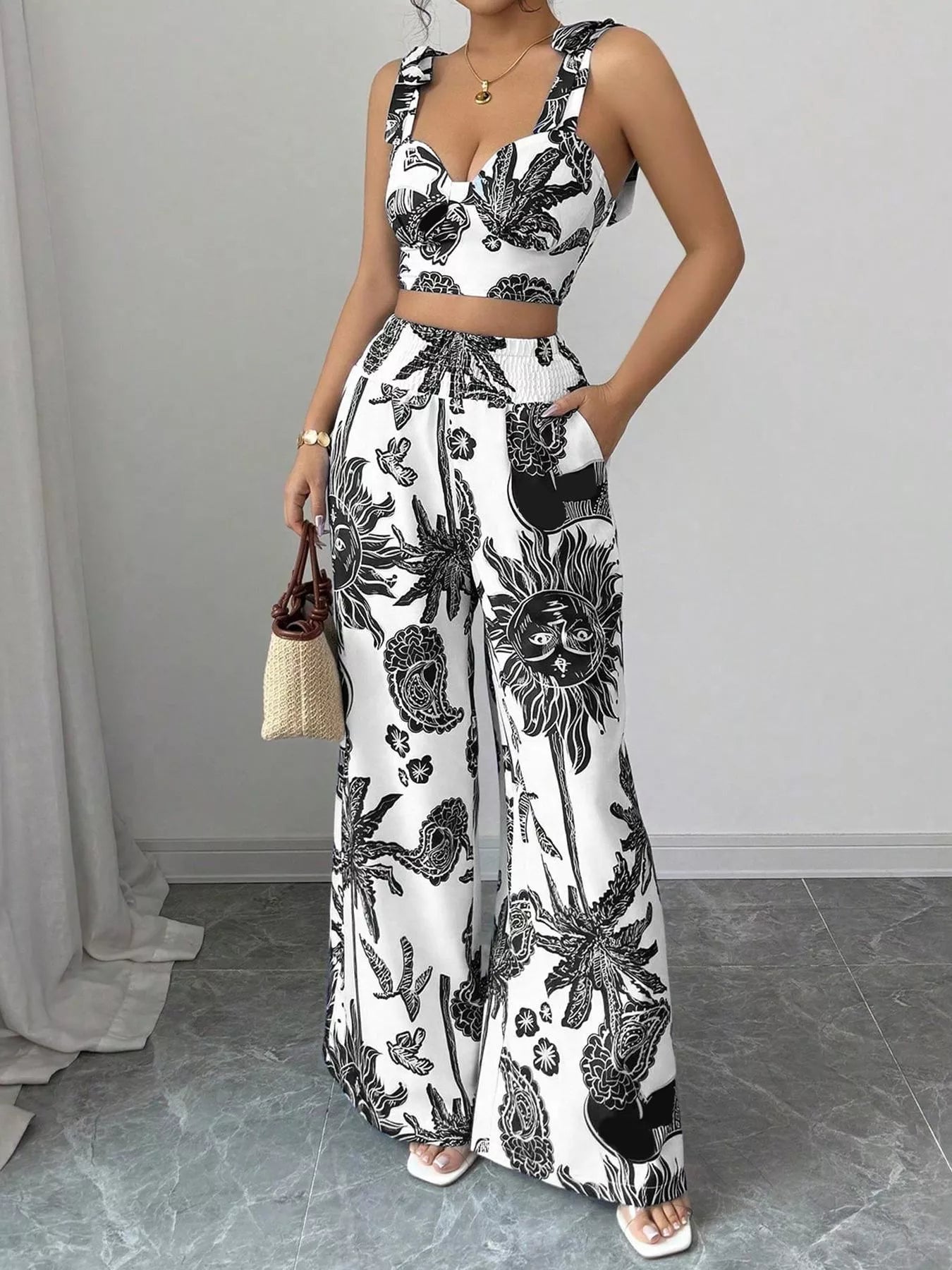 Hazel Blues® |  Floral Print Crop Top and Wide Leg Pants Set