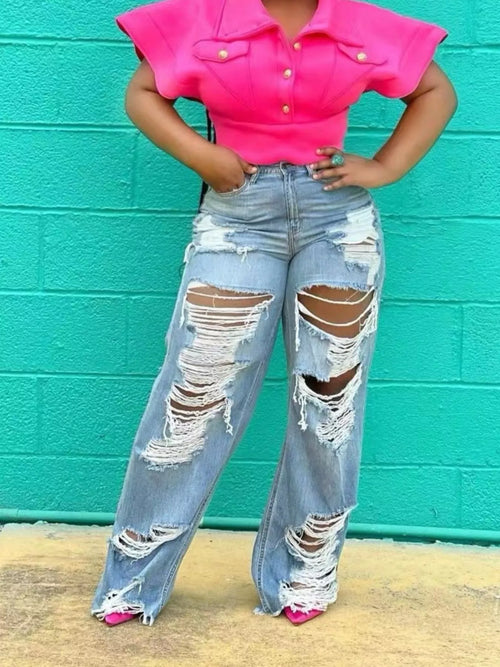 Hazel Blues® | Distressed Wide Leg Jeans
