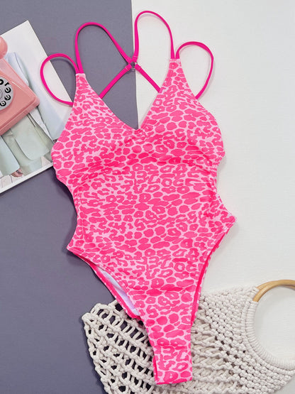 Hazel Blues® | Leopard Plunge Spaghetti Strap One-Piece Swimwear