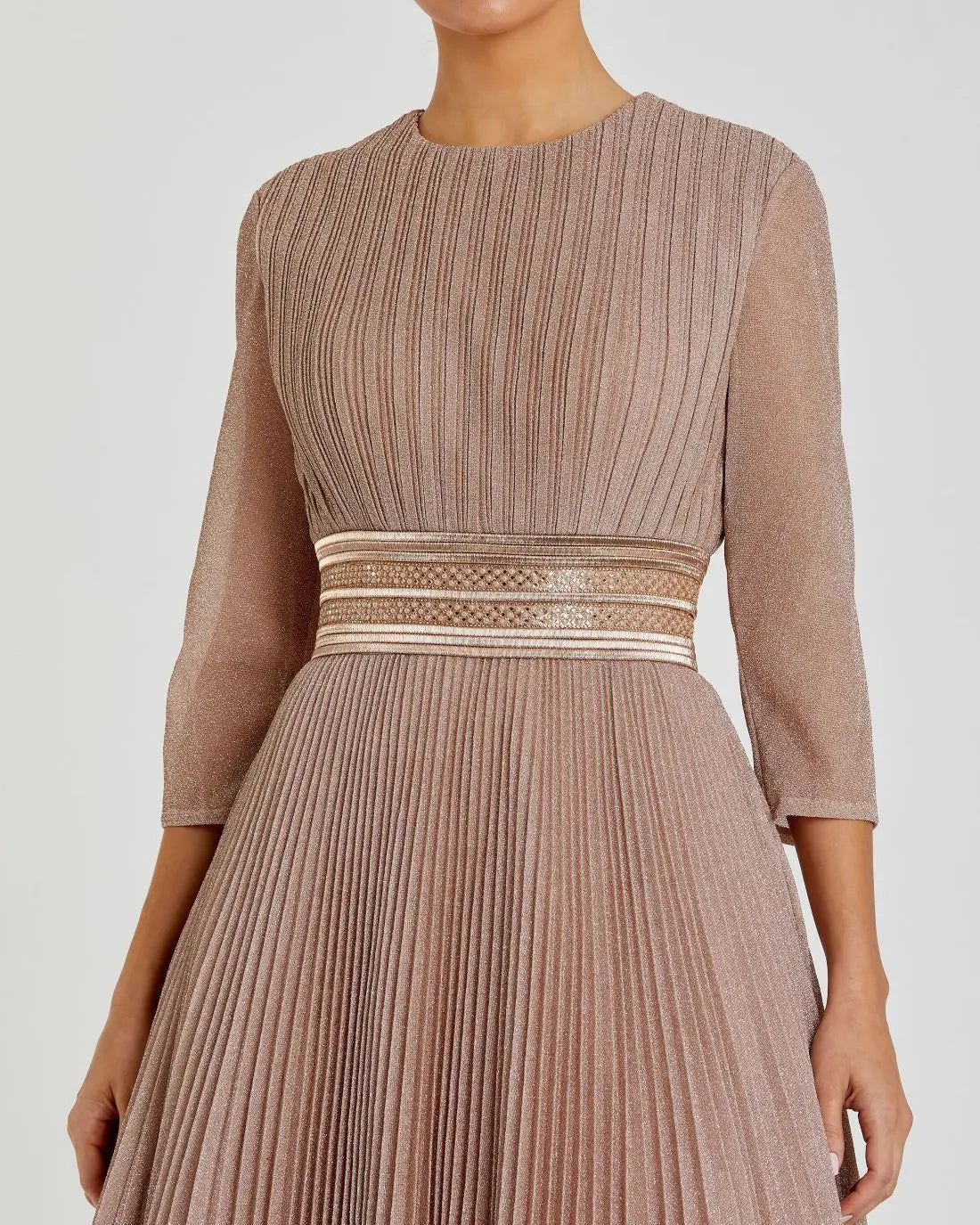 Pink Shimmering Pleated  3/4 Sleeve Ball Gown