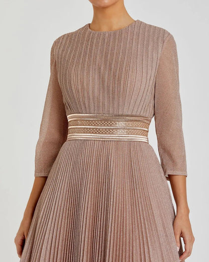 Pink Shimmering Pleated  3/4 Sleeve Ball Gown