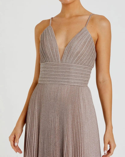 Pink Shimmer Pleated V-Neck Gown - FINAL SALE
