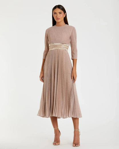 Pink Shimmering 3/4 Sleeve A-Line Midi Dress