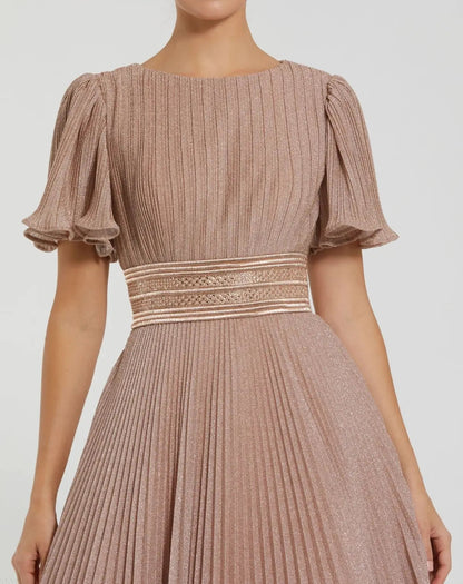 Pink Pleated Shimmering Flutter Sleeve Ball Gown