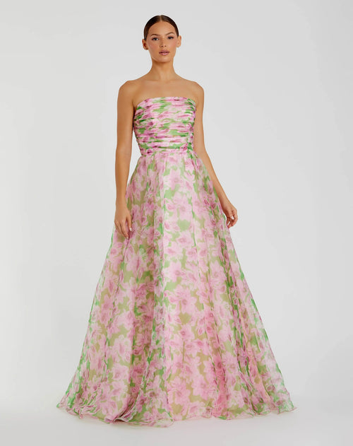 Pink Strapless Floral Chiffon Gown with Ruched Detail