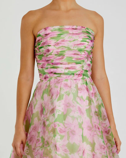 Pink Strapless Floral Chiffon Gown with Ruched Detail