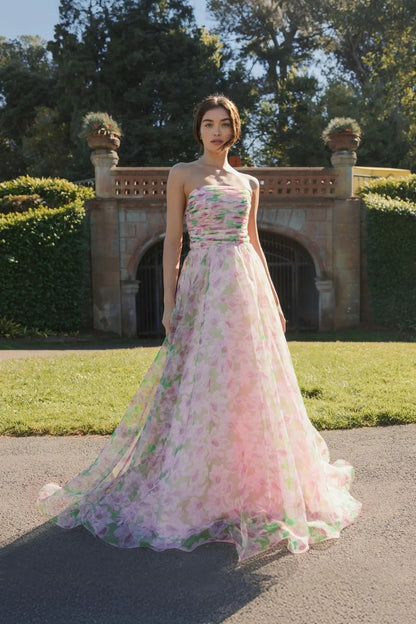 Pink Strapless Floral Chiffon Gown with Ruched Detail