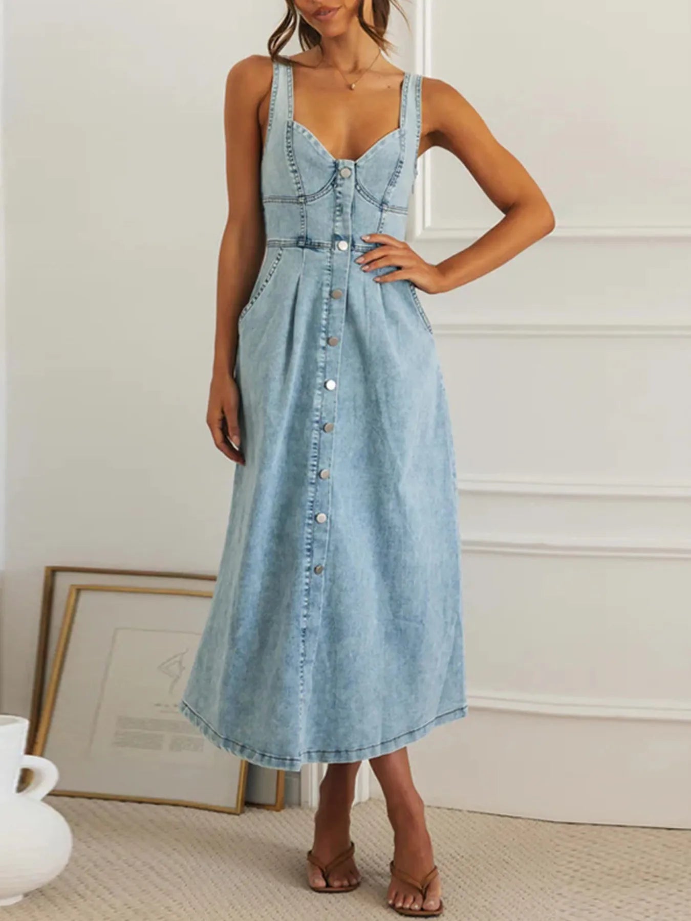 Hazel Blues® |  Sweetheart Neck Button-Front Midi Denim Dress