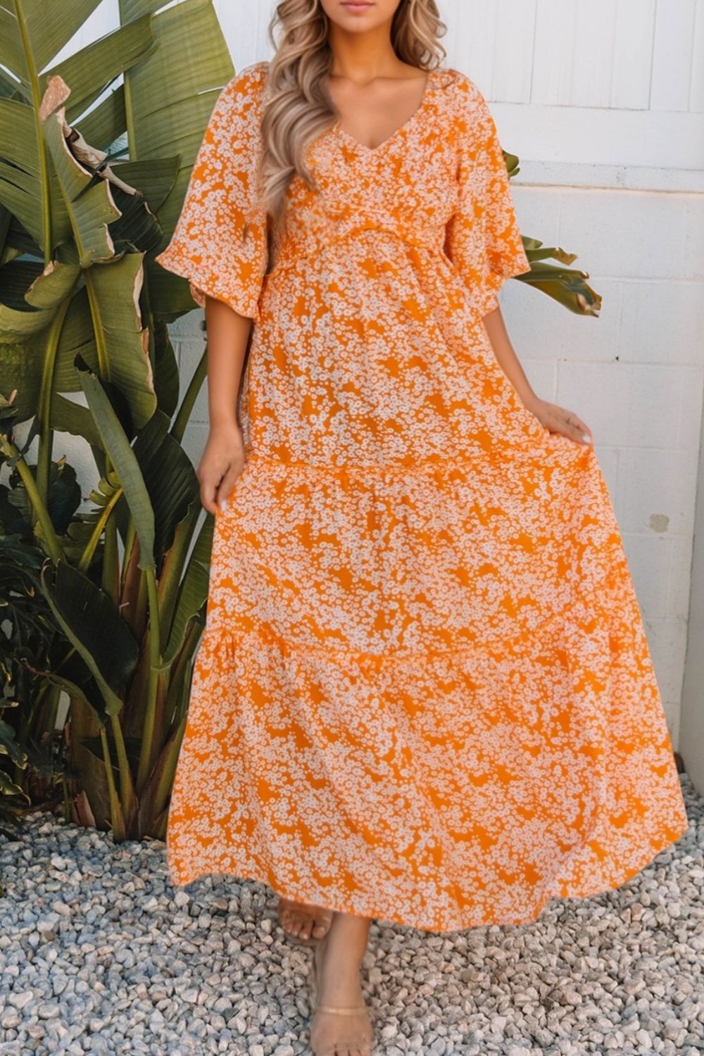 Hazel Blues® |  Floral Print Smocked V Neck Wide Sleeve Maxi Dress