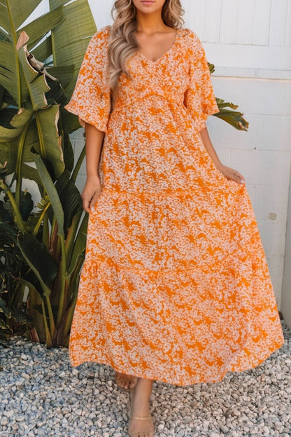 Hazel Blues® |  Floral Print Smocked V Neck Wide Sleeve Maxi Dress