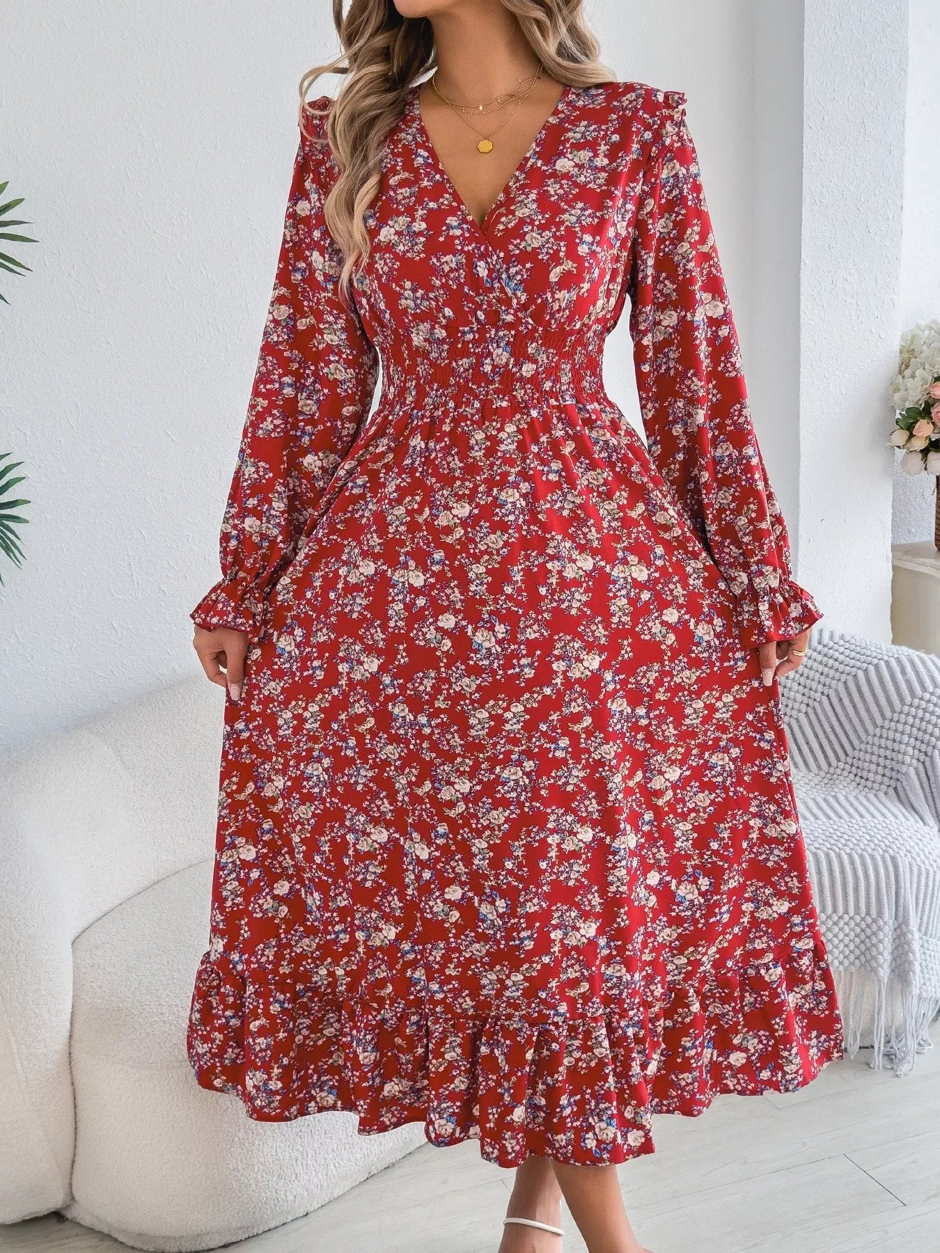 Hazel Blues® |  Ruffled Floral V-Neck Flounce Sleeve Dress