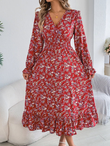 Hazel Blues® |  Ruffled Floral V-Neck Flounce Sleeve Dress