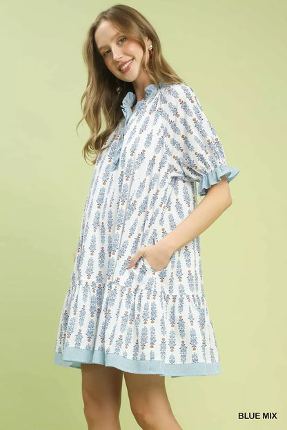 Hazel Blues® |  Umgee Striped Trim Floral Tiered Mini Dress