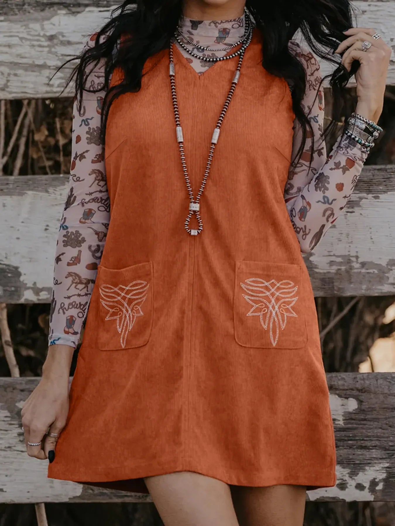 Hazel Blues® |  Corduroy Western Embroidered Patched Pocket Shift Sleeveless Mini Dress