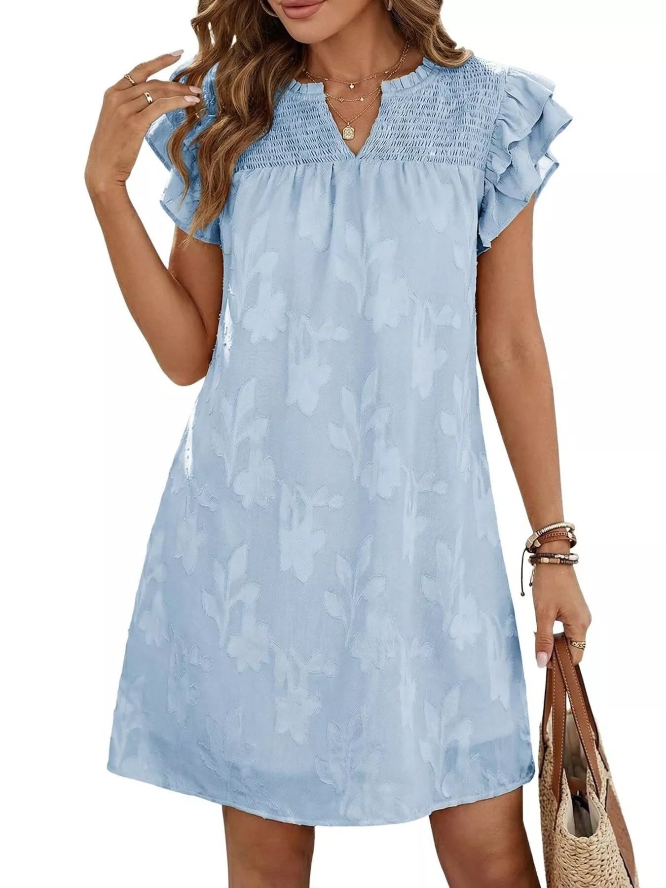Hazel Blues® |  Floral Embossed Ruffle Sleeve Mini Dress