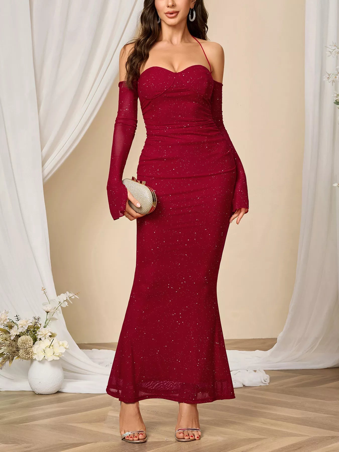 Hazel Blues® |  Glitter Sweetheart Neck Long Sleeve Maxi Dress
