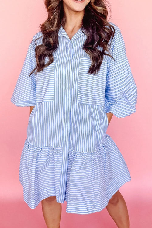 Hazel Blues® |  Stripe Bubble Sleeve Chest Pockets Shirt Dress