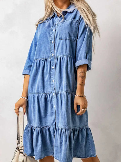 Hazel Blues® | Ruffled Hem Button Up Denim Midi Dress