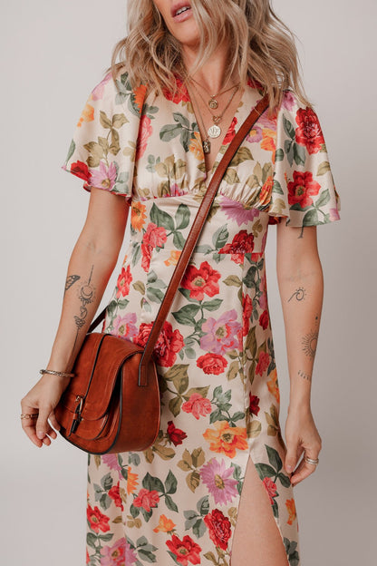 Hazel Blues® |  Floral Short Sleeve Tie Back Slit Dress