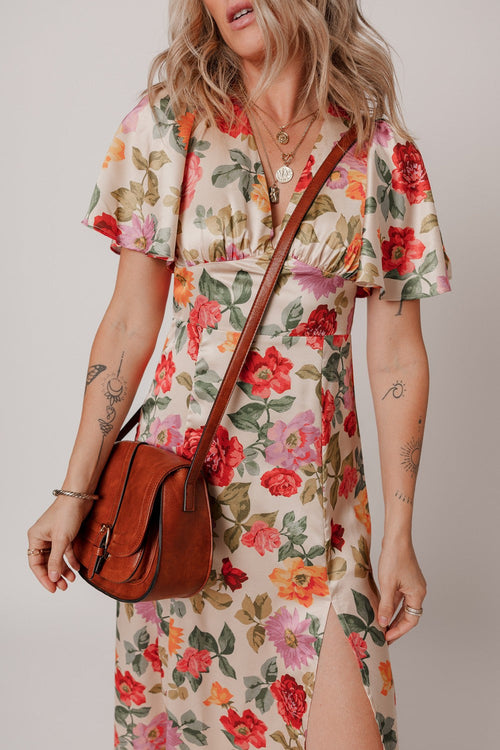 Hazel Blues® |  Floral Short Sleeve Tie Back Slit Dress