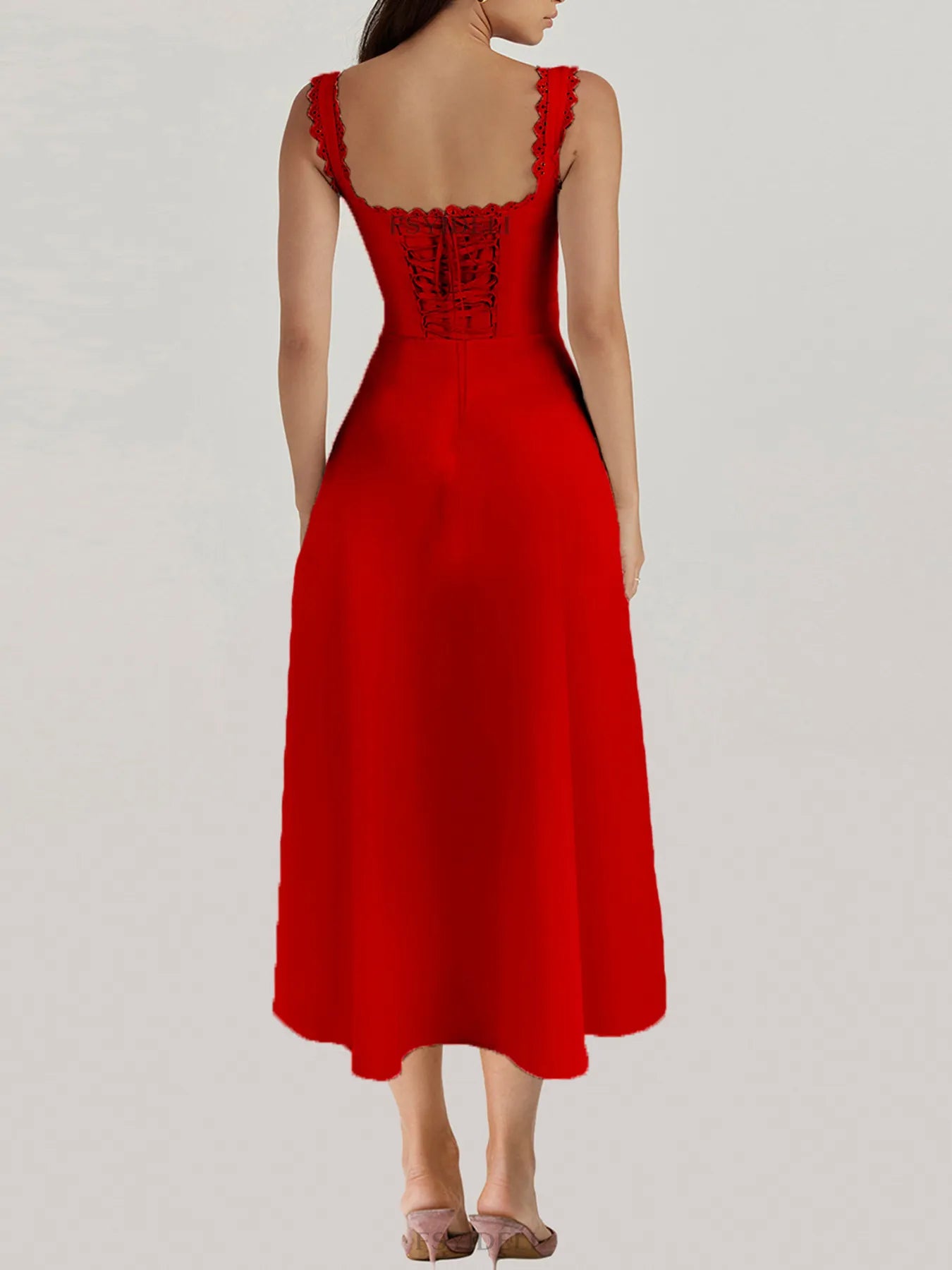 Hazel Blues® |  Scalloped V-Neck Midi Dress with Back Lace-Up