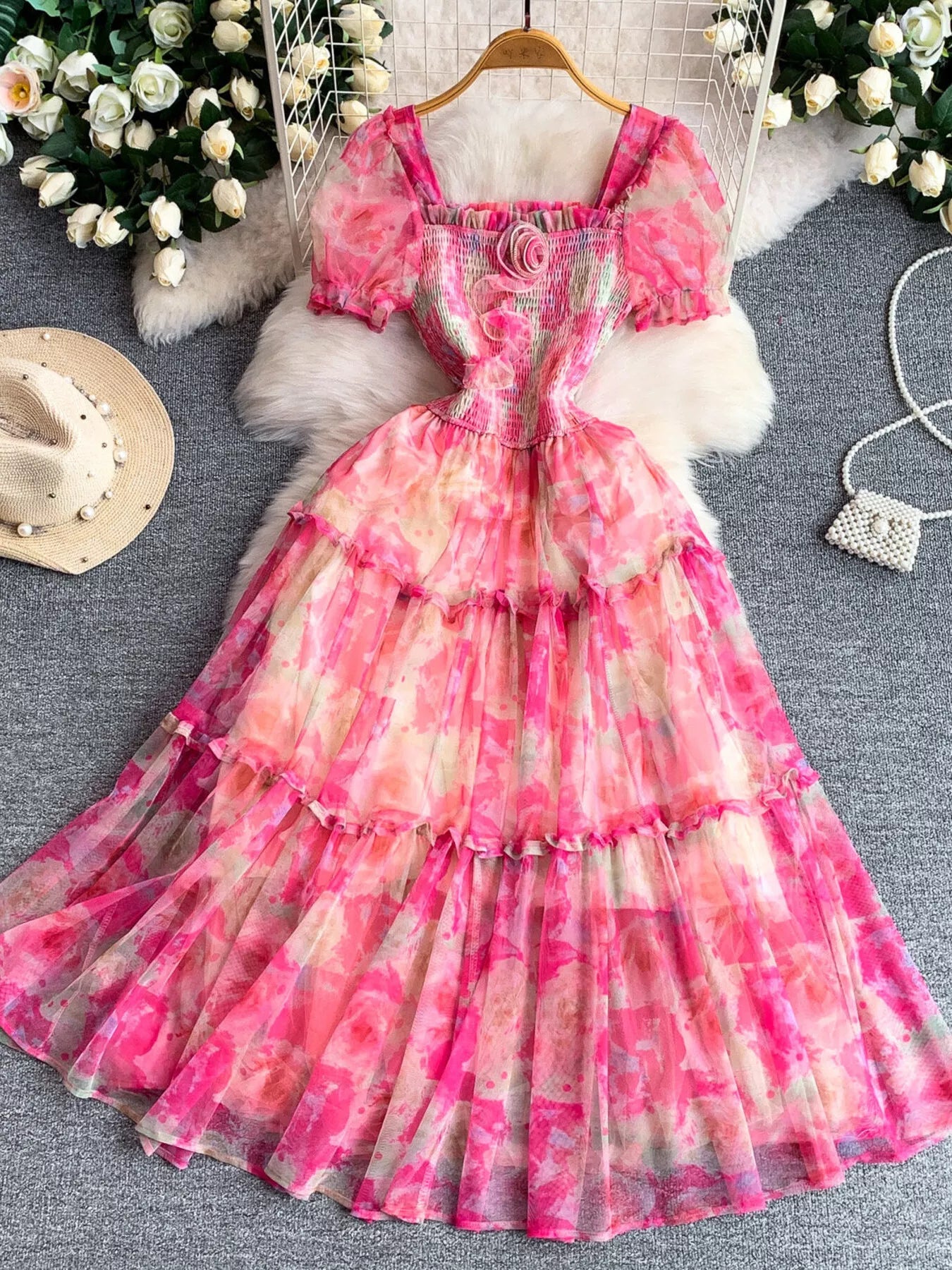 Hazel Blues® |  Smocked Floral Tiered Mesh Midi Dress