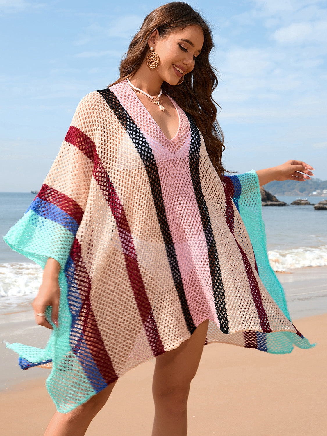 Hazel Blues® | Openwork Color Block Plunge Cover-Up