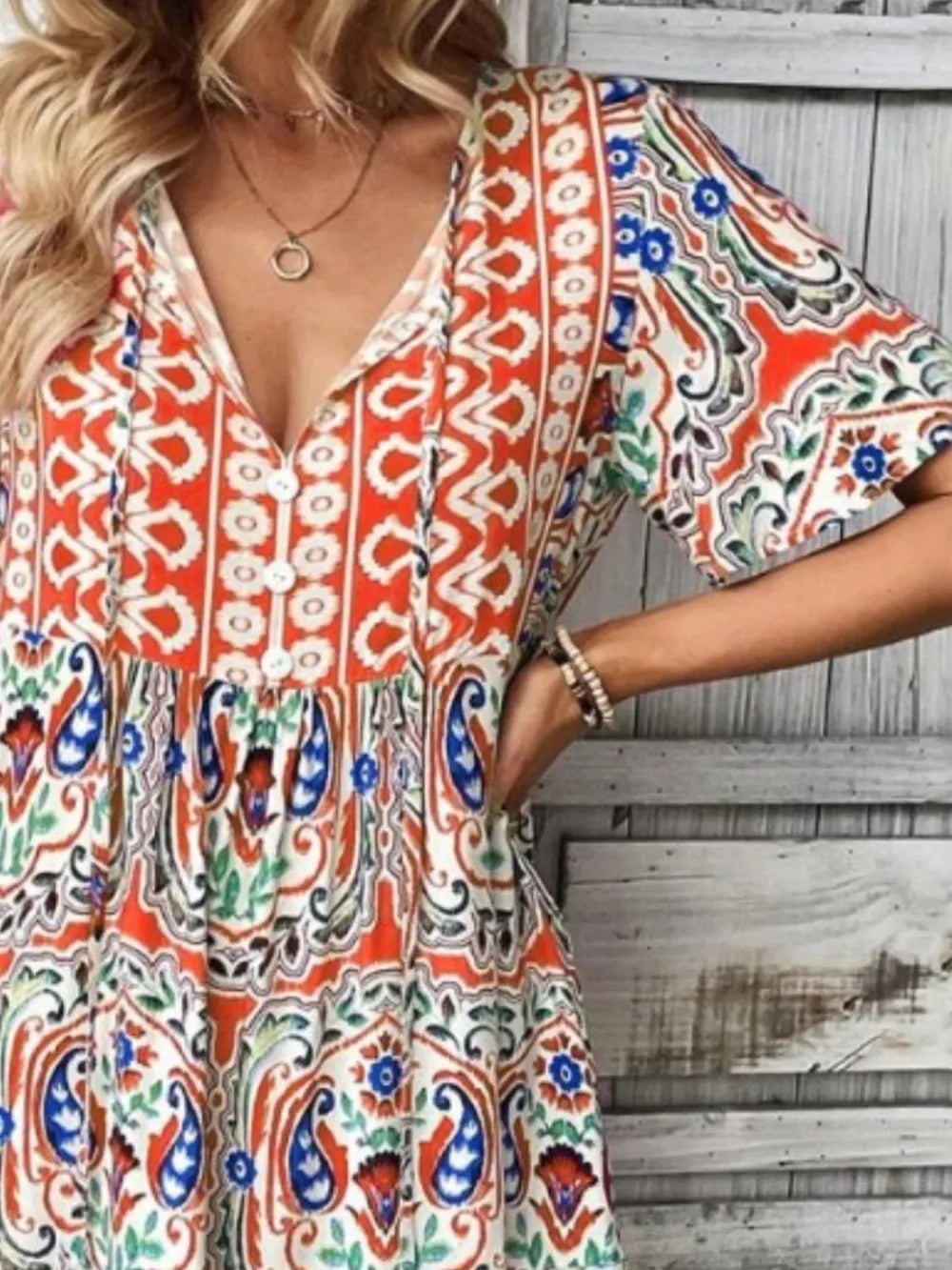 Hazel Blues® |  Printed Tie Neck Short Sleeve Dress