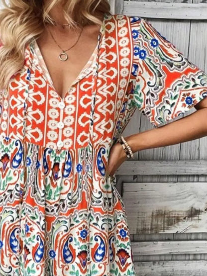 Hazel Blues® |  Printed Tie Neck Short Sleeve Dress
