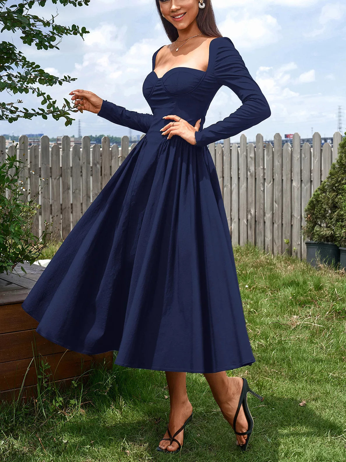Hazel Blues® |  Sweetheart Neckline Long Sleeve A-Line Midi Dress