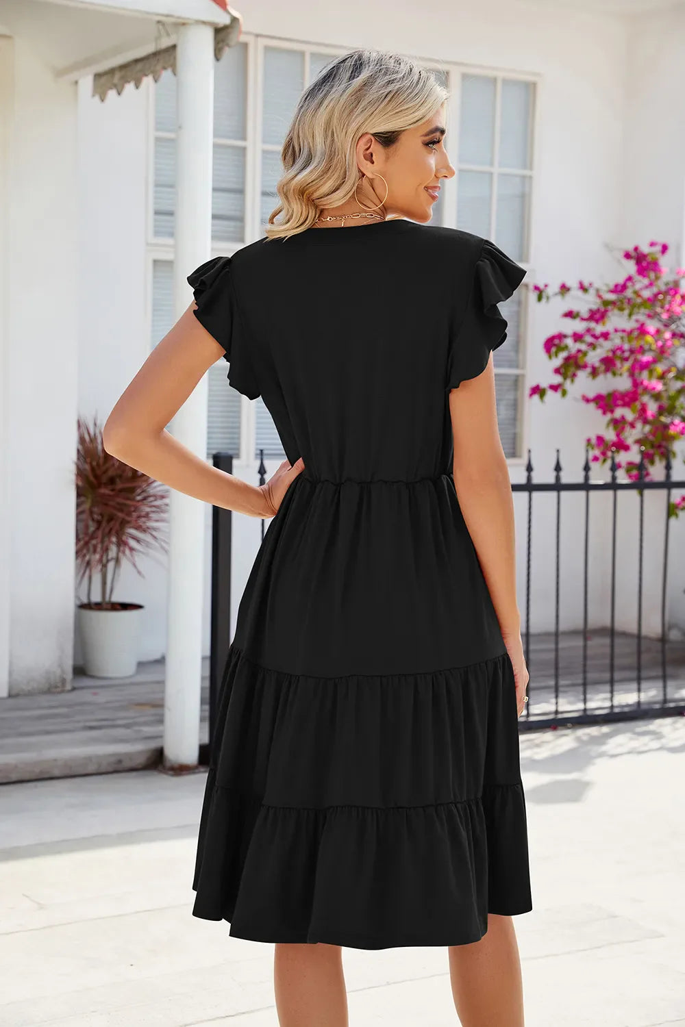 Hazel Blues® |  Ruched Notched Cap Sleeve Dress