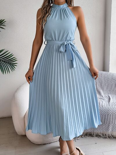 Hazel Blues® |  Grecian Neck Tie Waist Pleated Dress
