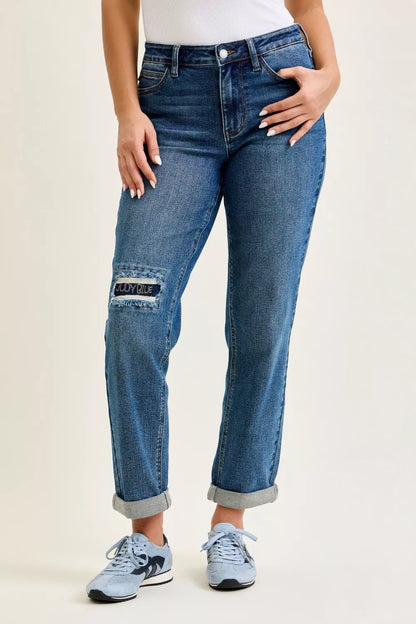 Hazel Blues® |  Judy Blue Mid Rise Boyfriend Embroidered Repair Patch Jeans