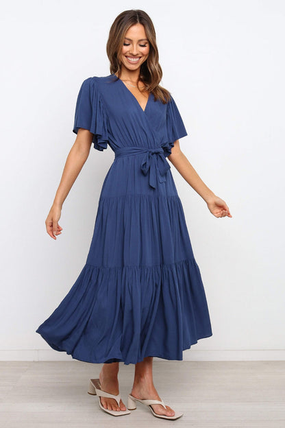Hazel Blues® |  Front Tie Short Sleeve Tiered Midi Dress