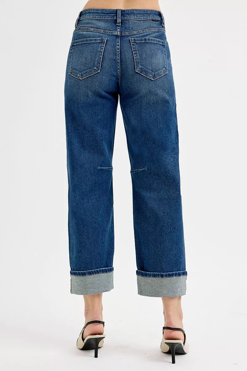 Hazel Blues® |  RISEN Slouchy Crop Barrel Cuffed Jeans