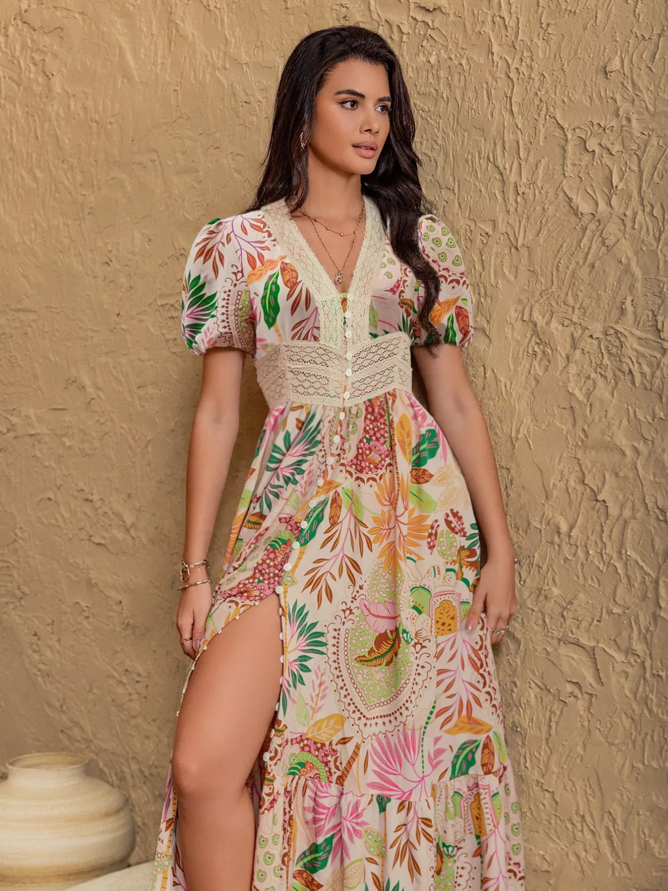 Hazel Blues® |  Lace Trim Floral Print Puff Sleeve Dress