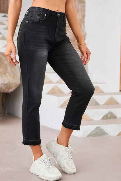 Hazel Blues® |  High-Waisted Distressed Hem Straight Leg Jeans