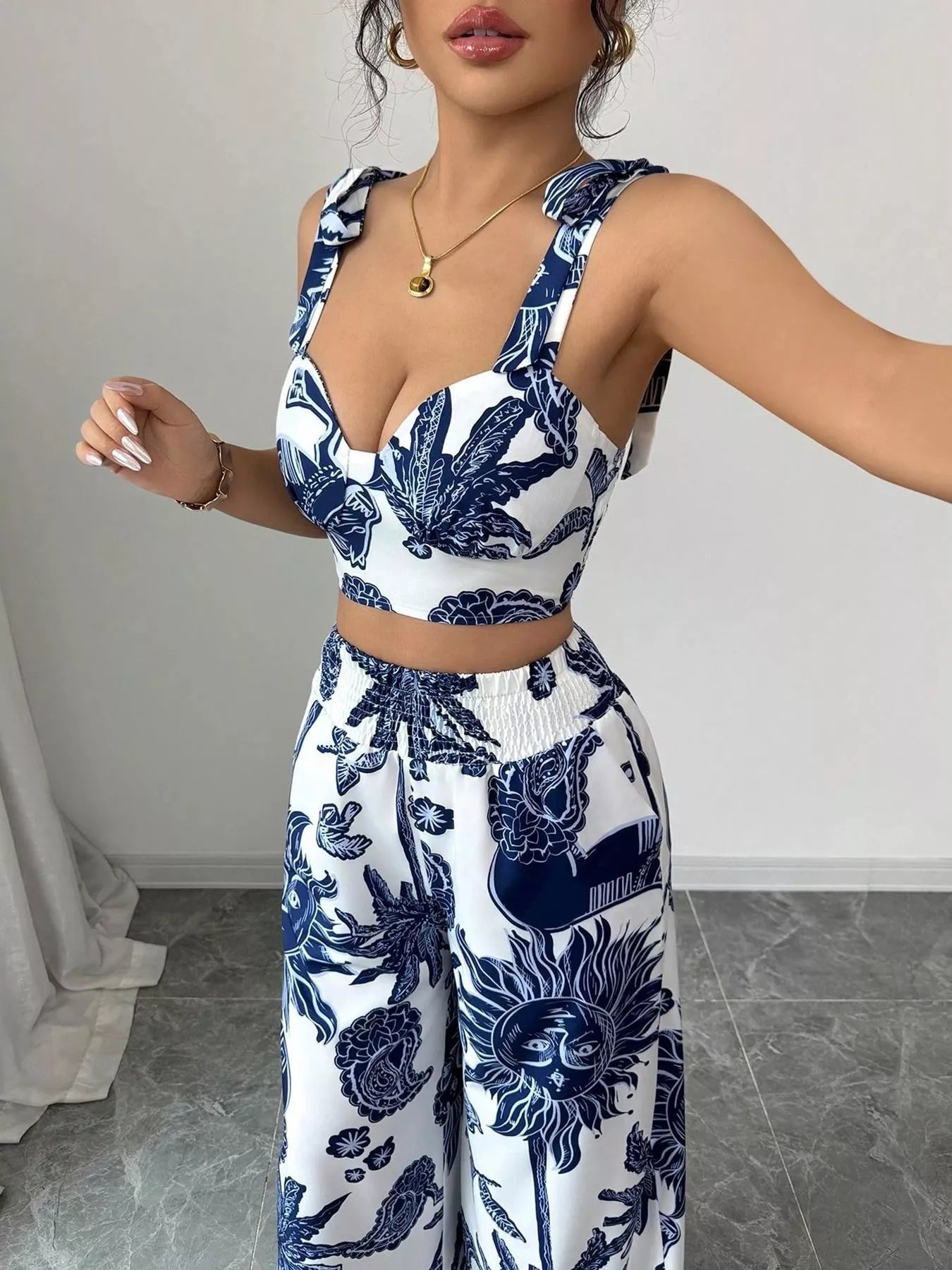 Hazel Blues® |  Floral Print Crop Top and Wide Leg Pants Set