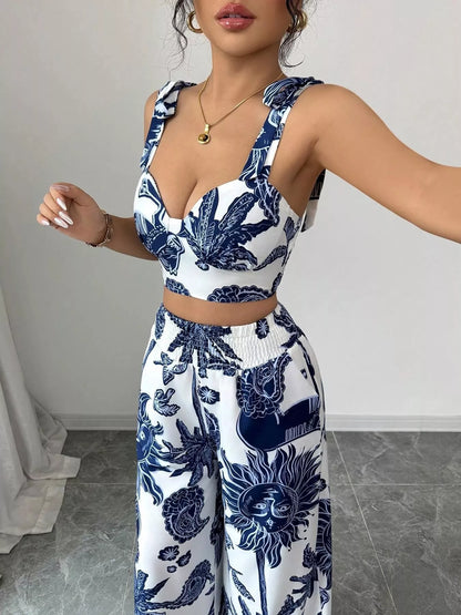 Hazel Blues® |  Floral Print Crop Top and Wide Leg Pants Set