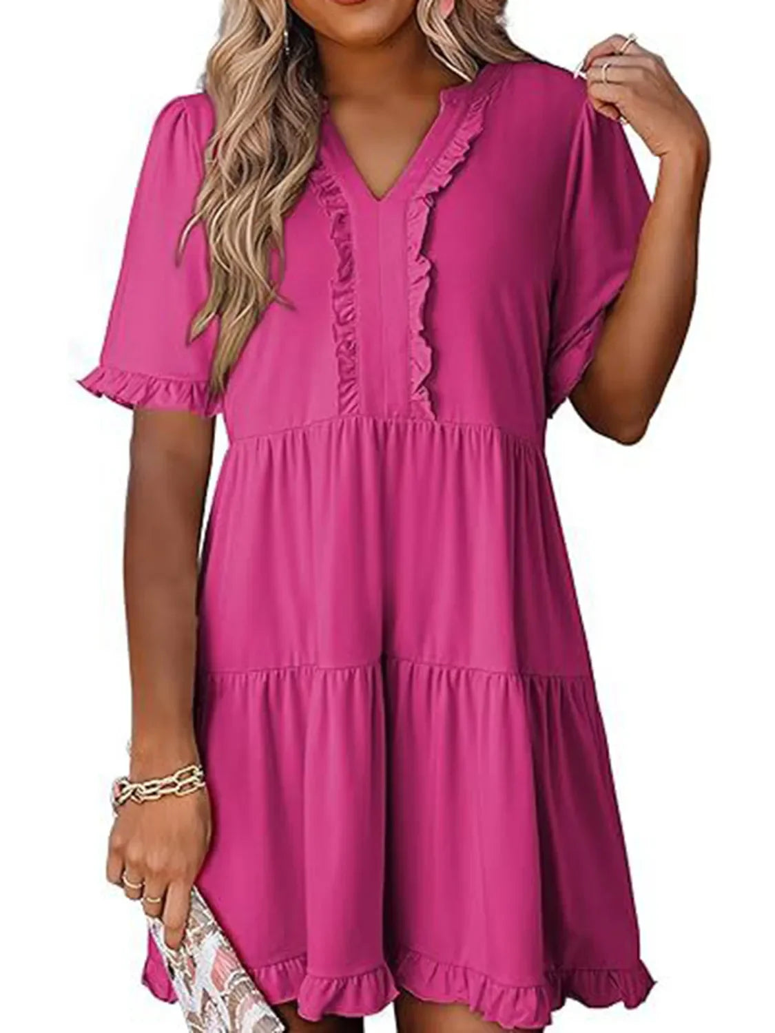 Hazel Blues® |  Tiered Notched Short Sleeve Mini Dress